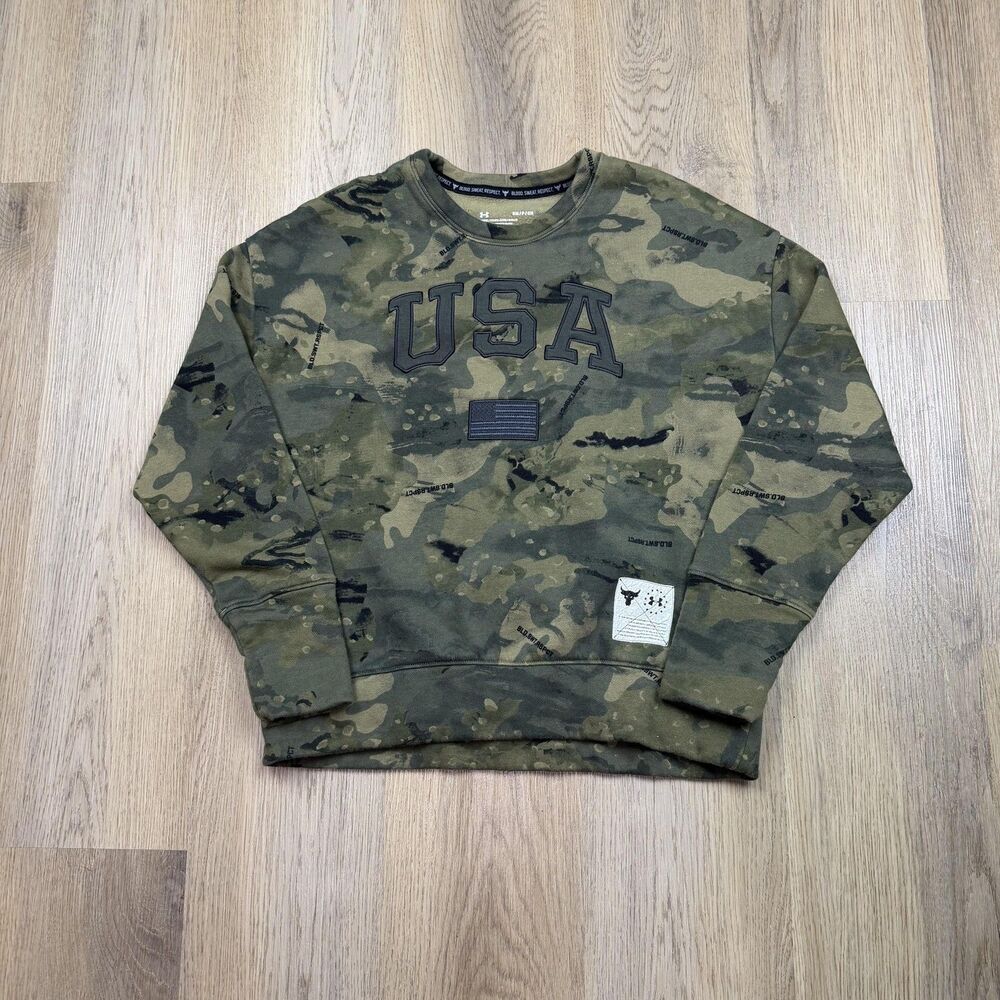 Under Armour Sweatshirt Womens Small Green Camo USA Project Rock Fleece Pullover